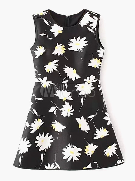 Black Sun Flower Print Mini Dress Milanoo