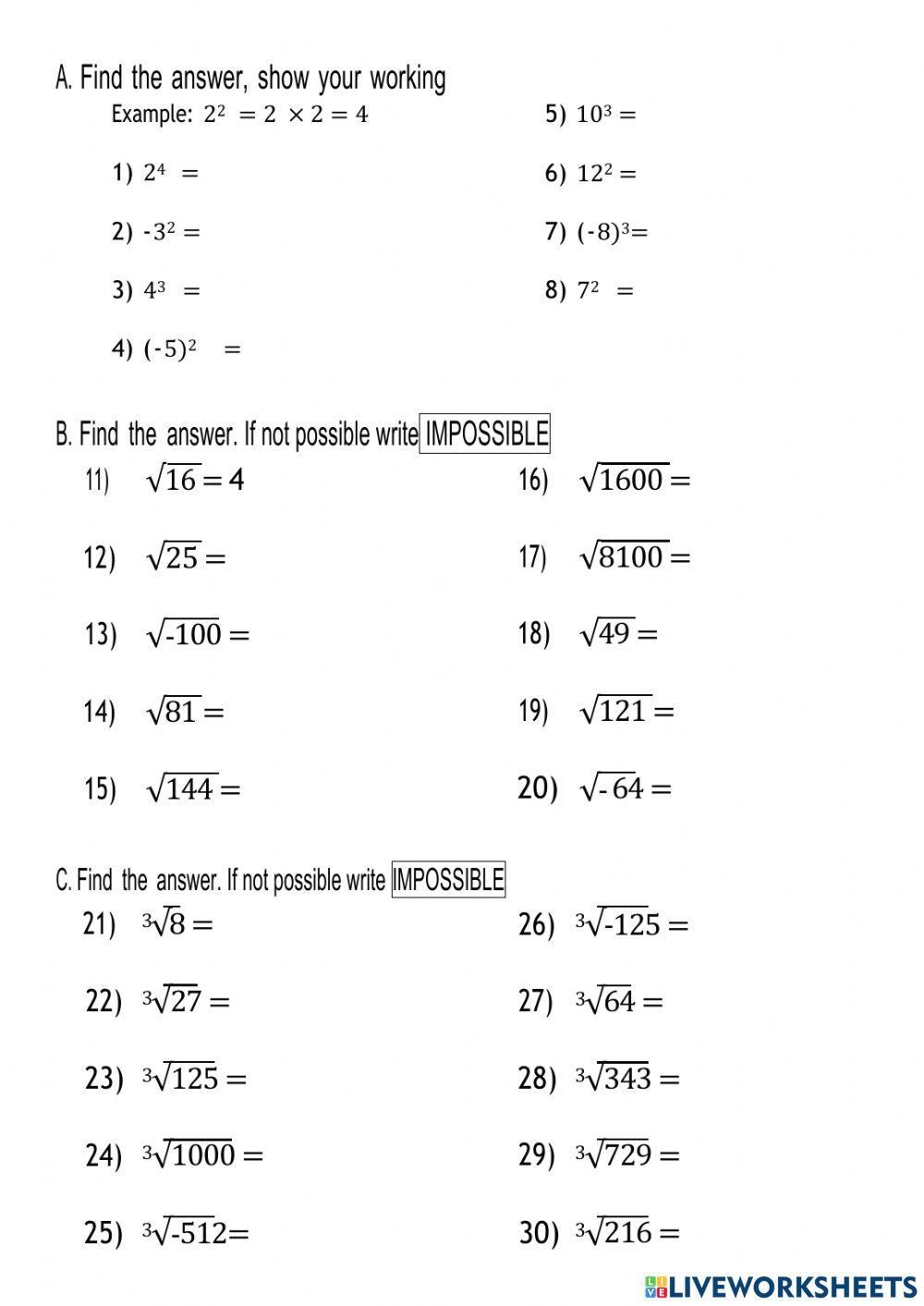 Calculating Squares Roots And Squares Worksheet Live Worksheets