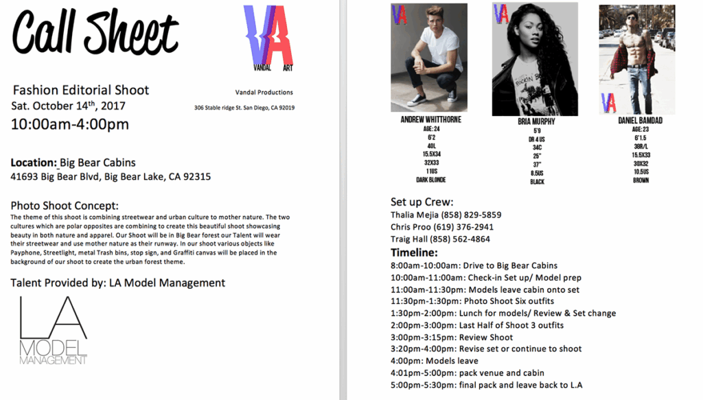 Call Sheet Fashion Photoshoot Behance