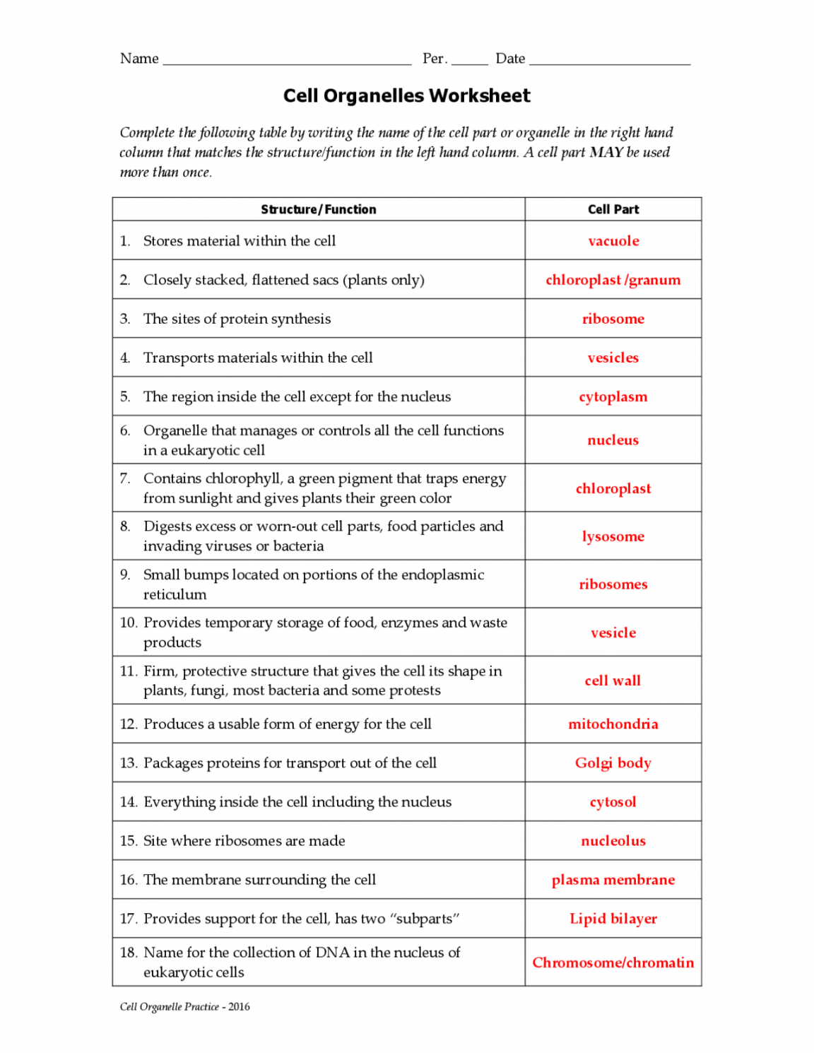 Cell Organelles Worksheet Answer Printable PDF Template