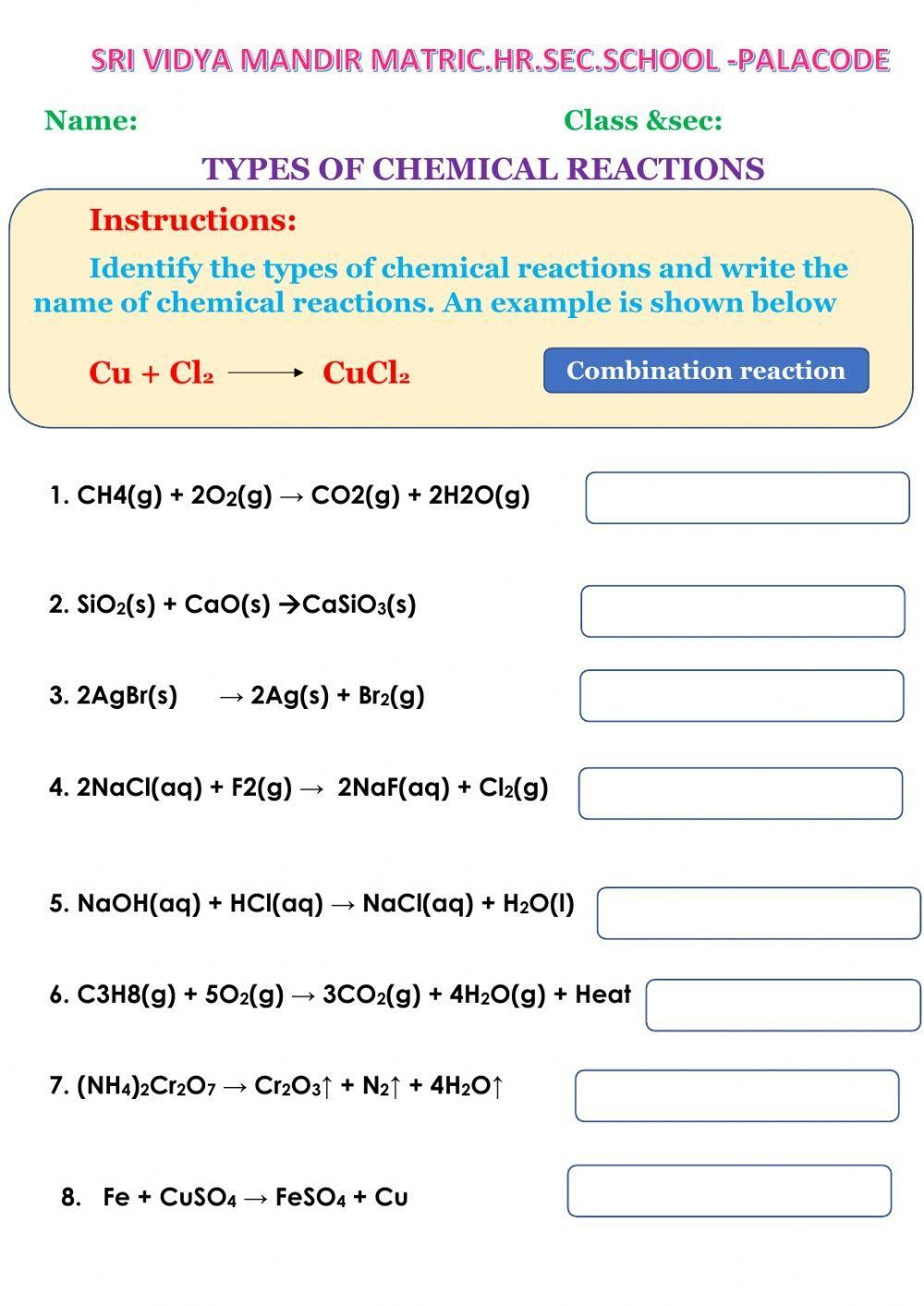 types of chemical reactions worksheet
