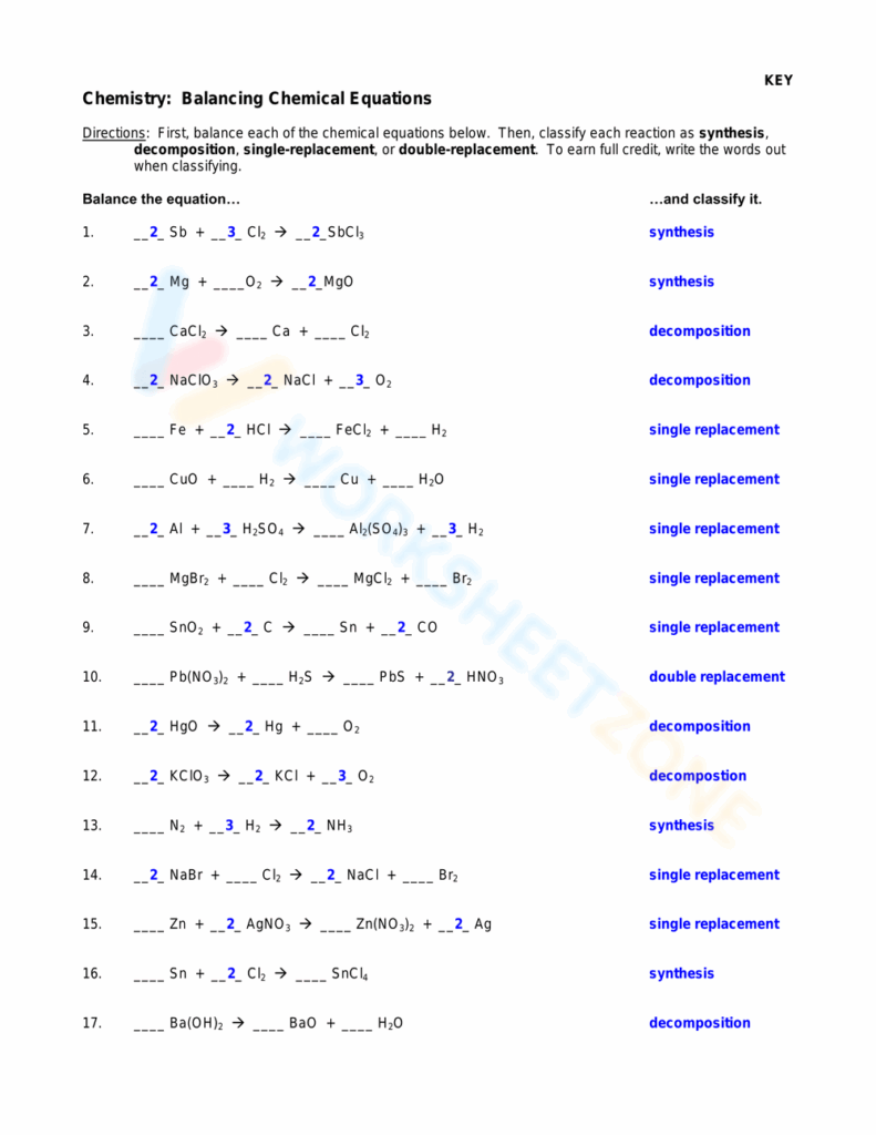 Chemistry Balancing Chemical Equations Worksheet Worksheets Library