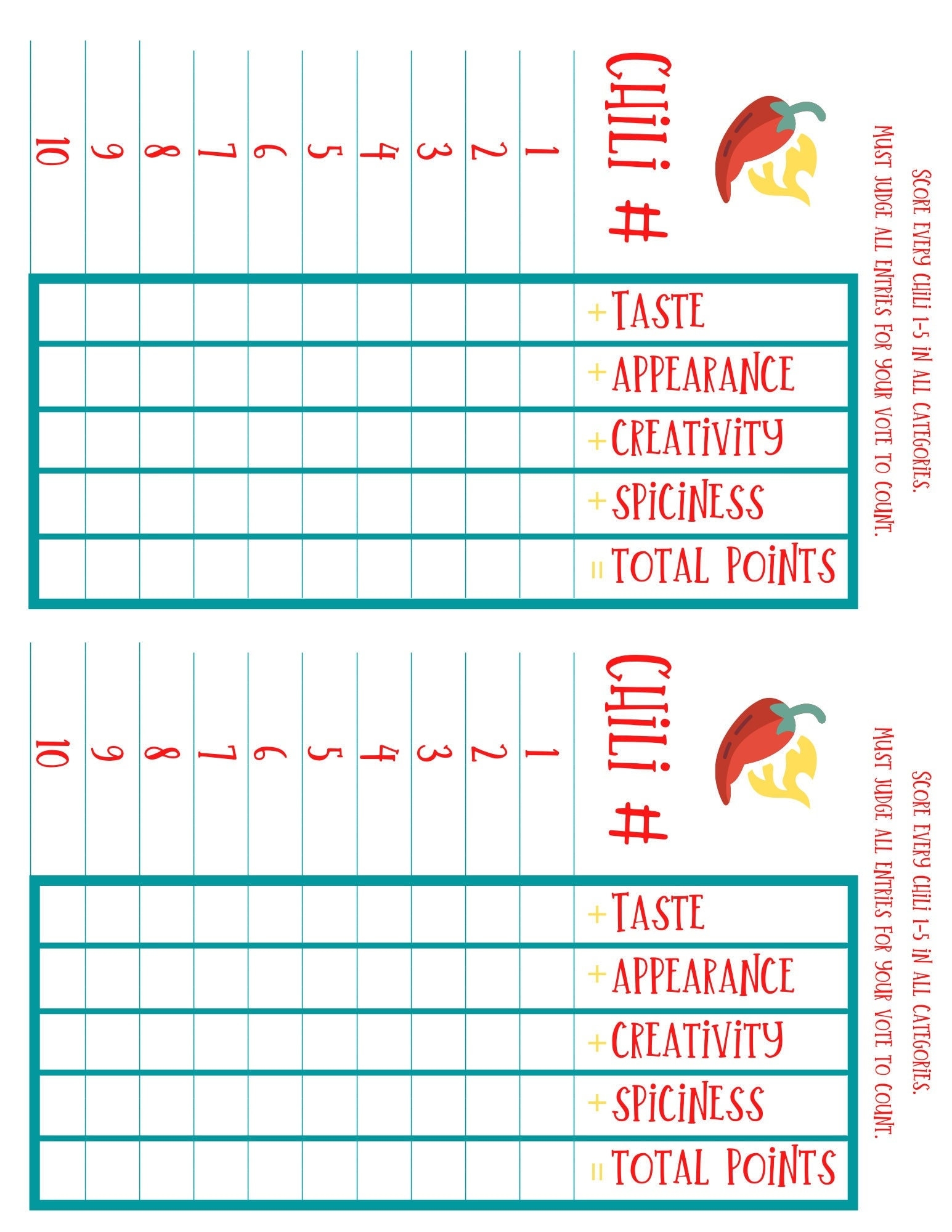 free printable chili cook off score cards