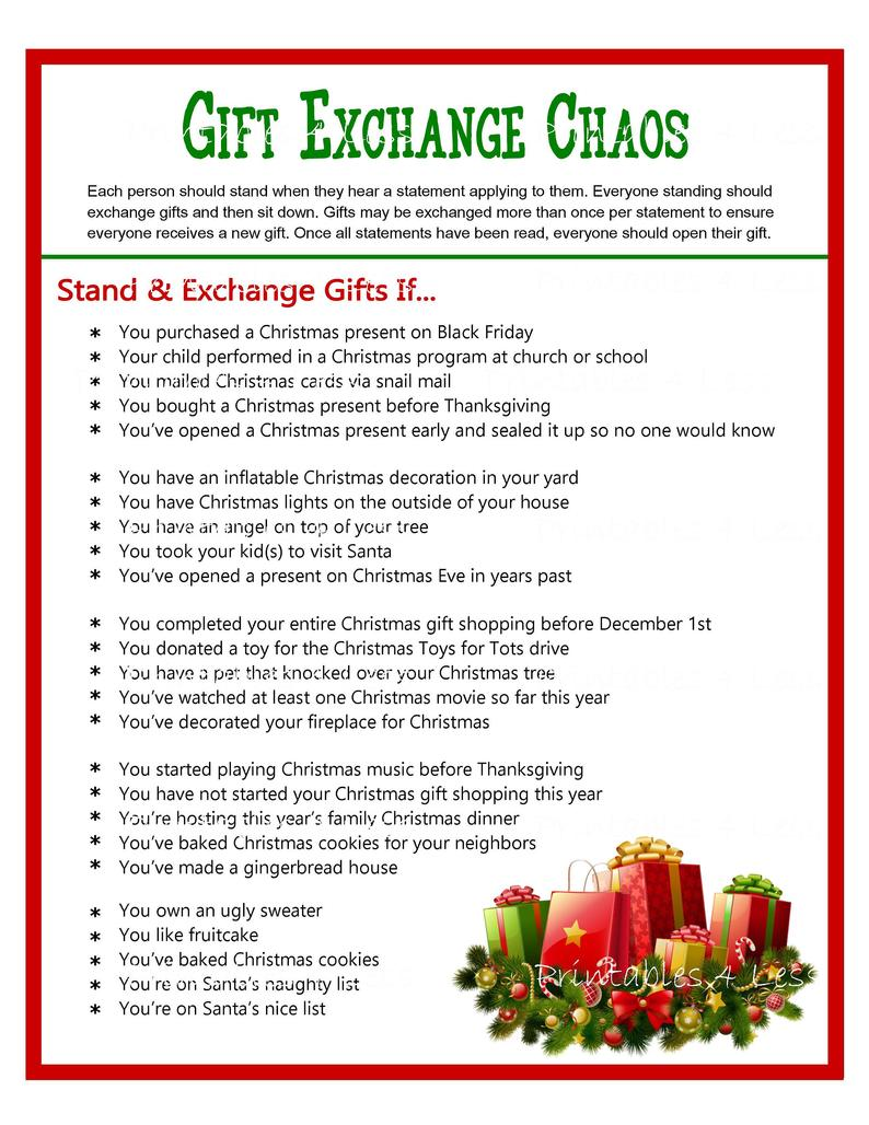 Christmas Gift Exchange Cards Free Printable