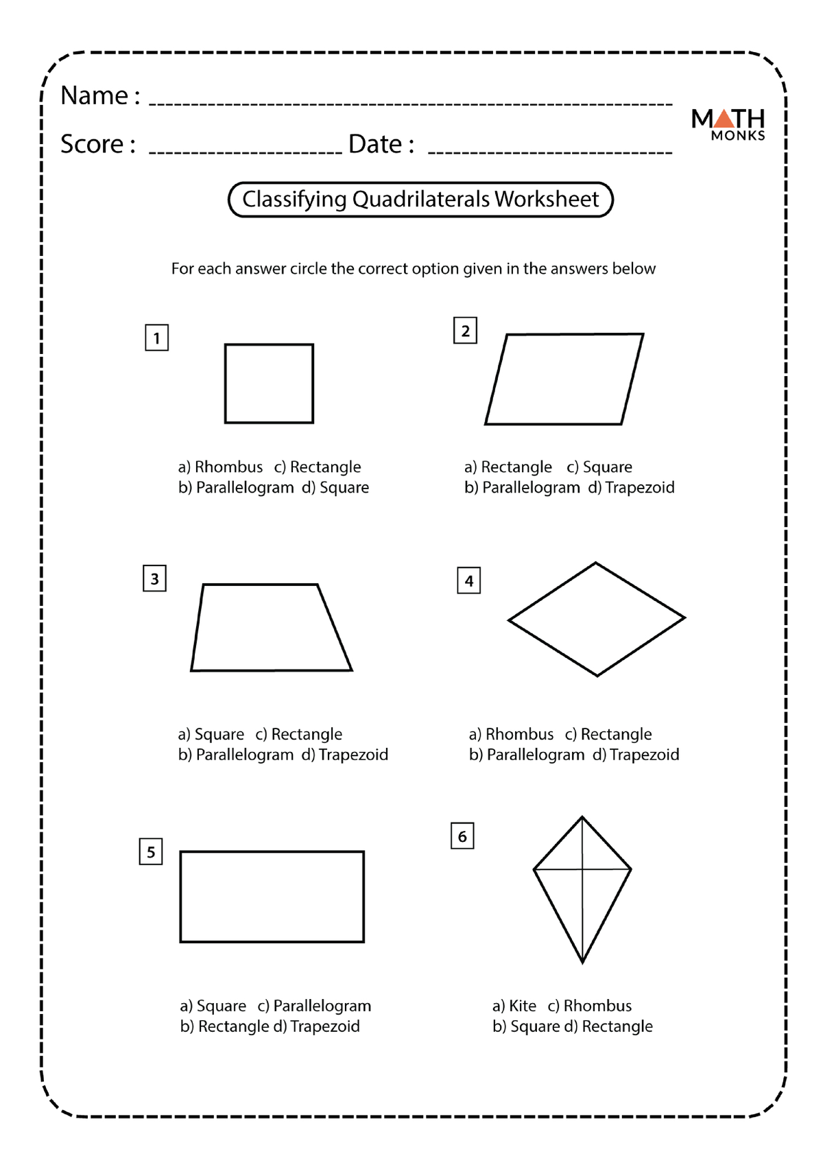 classifying quadrilaterals worksheet