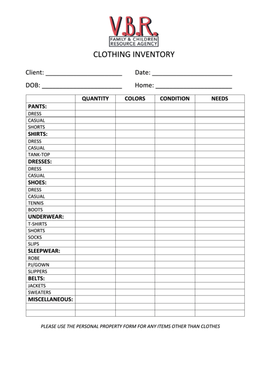 Clothing Inventory Spreadsheet Printable Pdf Download