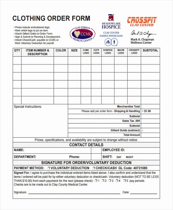 Clothing Order Form Template