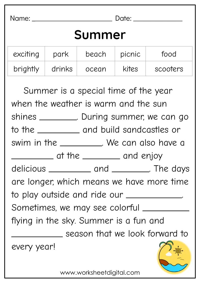 Cloze Passage Summer ESL English Worksheets Library