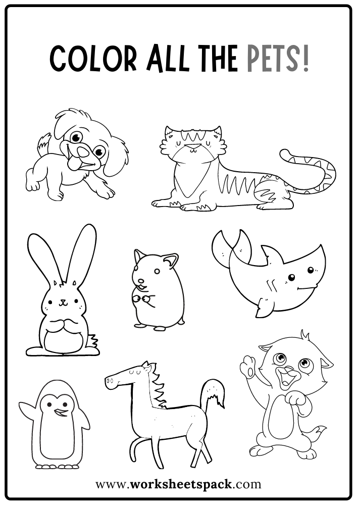 Color All The Pets Worksheet Free Pet Animals Coloring Book PDF