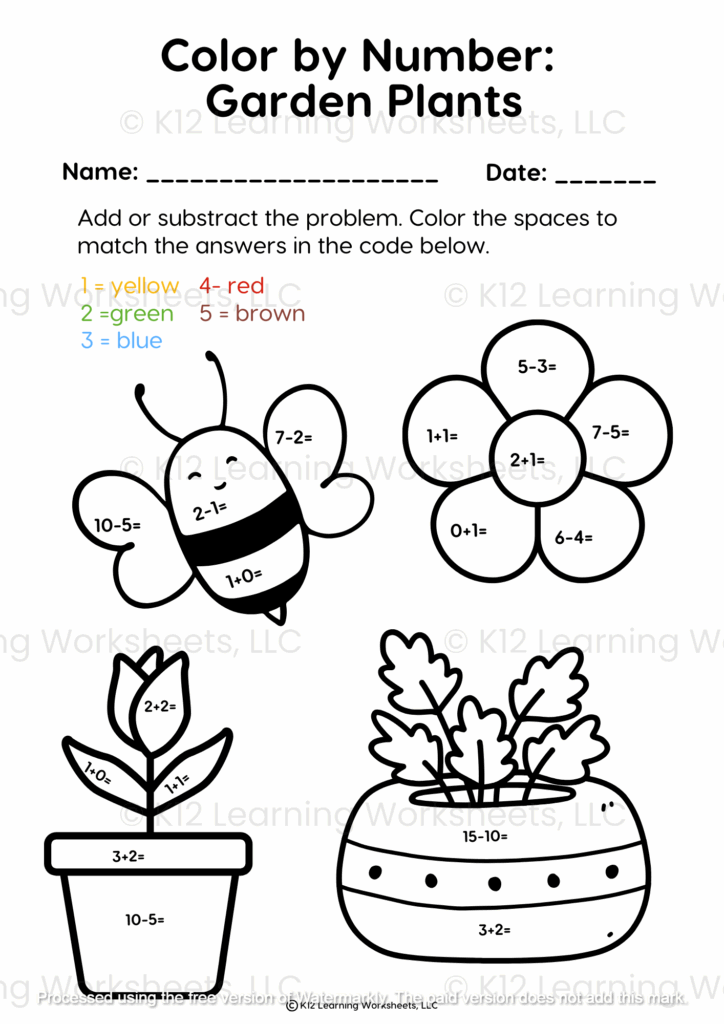 Color By Number Garden Plants K12 Learning Worksheets Worksheets