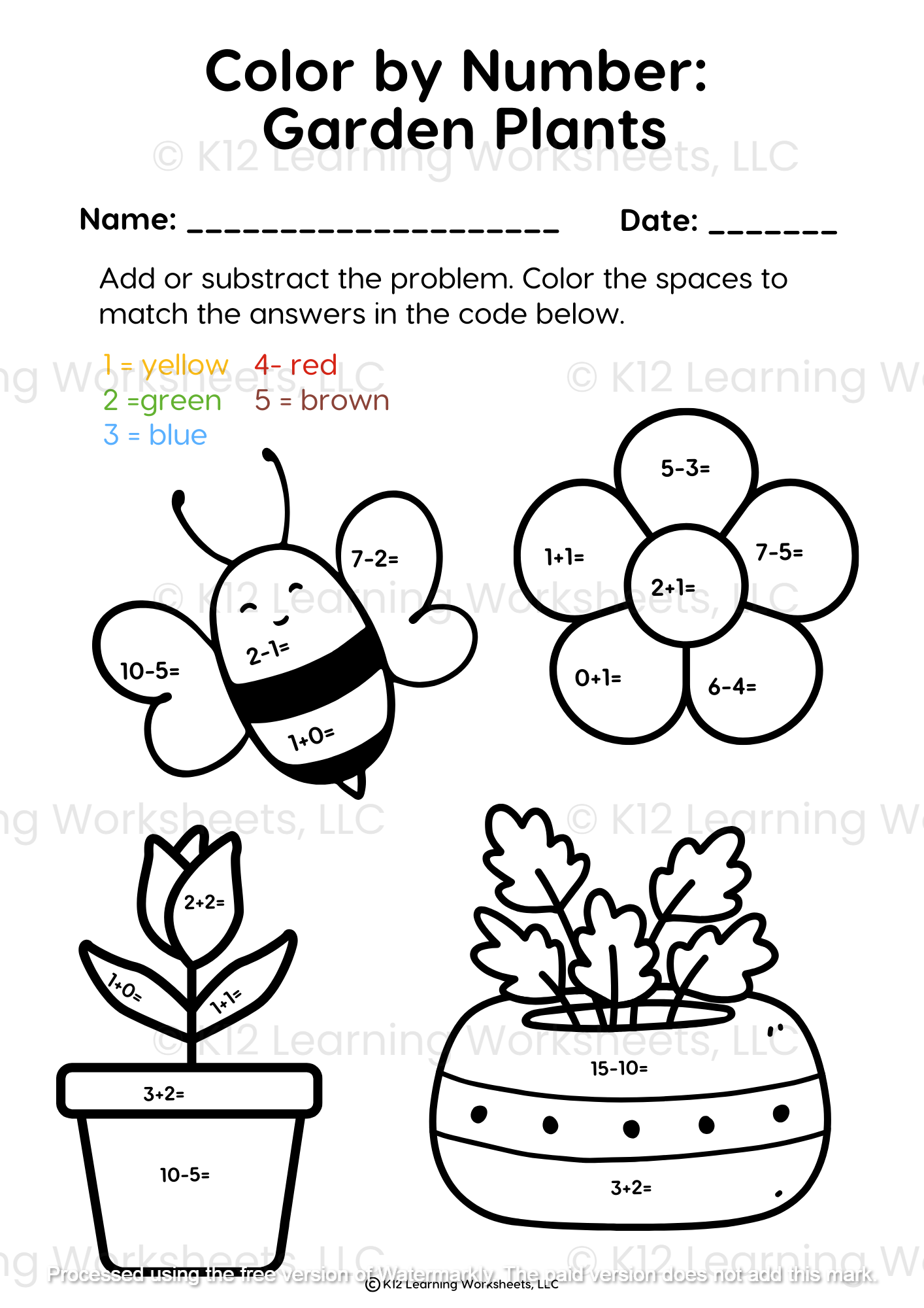 Color By Number Garden Plants K12 Learning Worksheets Worksheets 