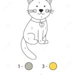 Color Cartoon Cat By Numbers Worksheet For Kids Stock Vector