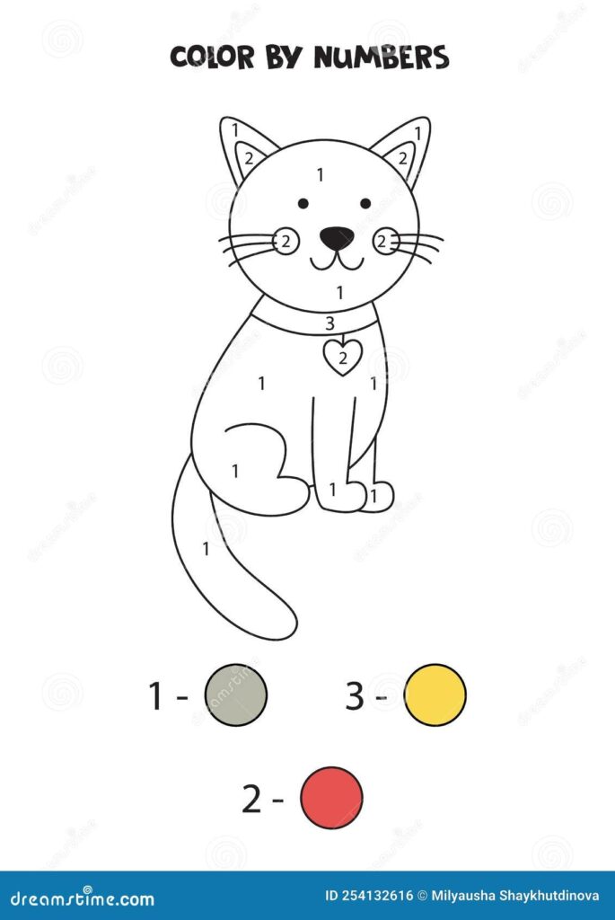 Color Cartoon Cat By Numbers Worksheet For Kids Stock Vector