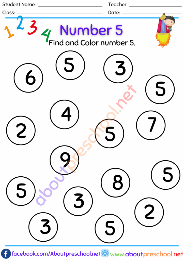 Color Number 5 Worksheet About Preschool