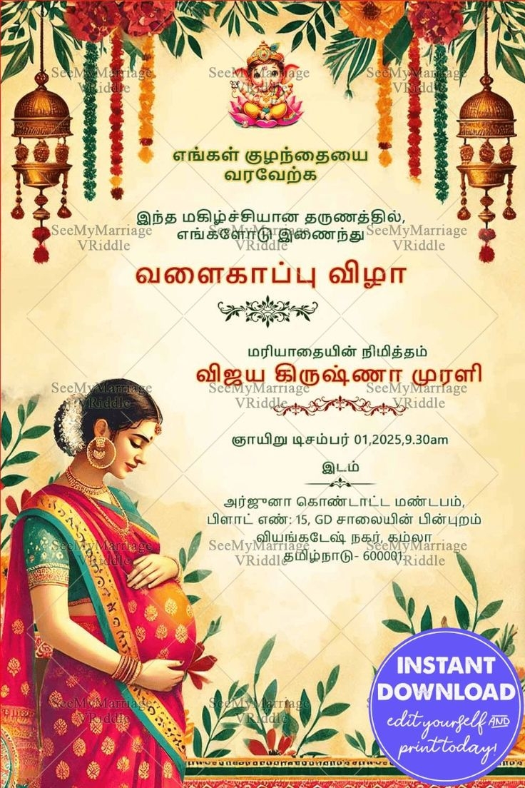 Colorful Tamil Valakappu Ceremony Invitation With Floral And Leafy 