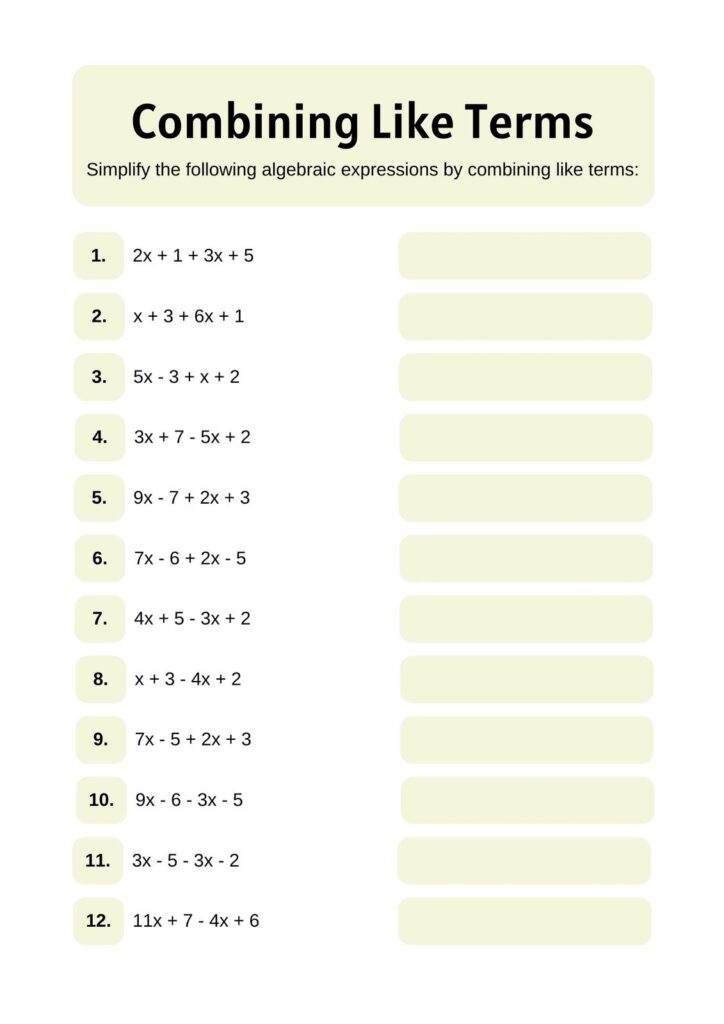 Combining Like Terms Worksheets PDF 7 EE A 1 7th Grade Math