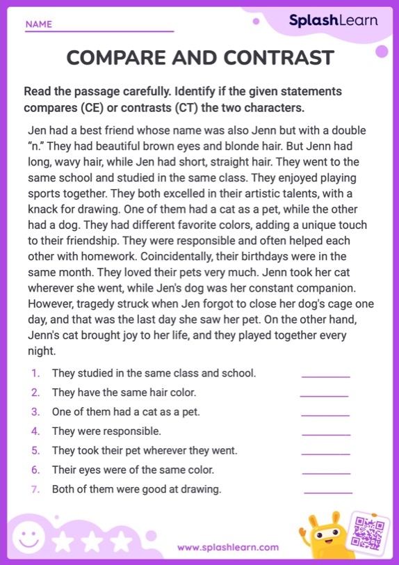 Compare And Contrast Characters ELA Worksheets SplashLearn 
