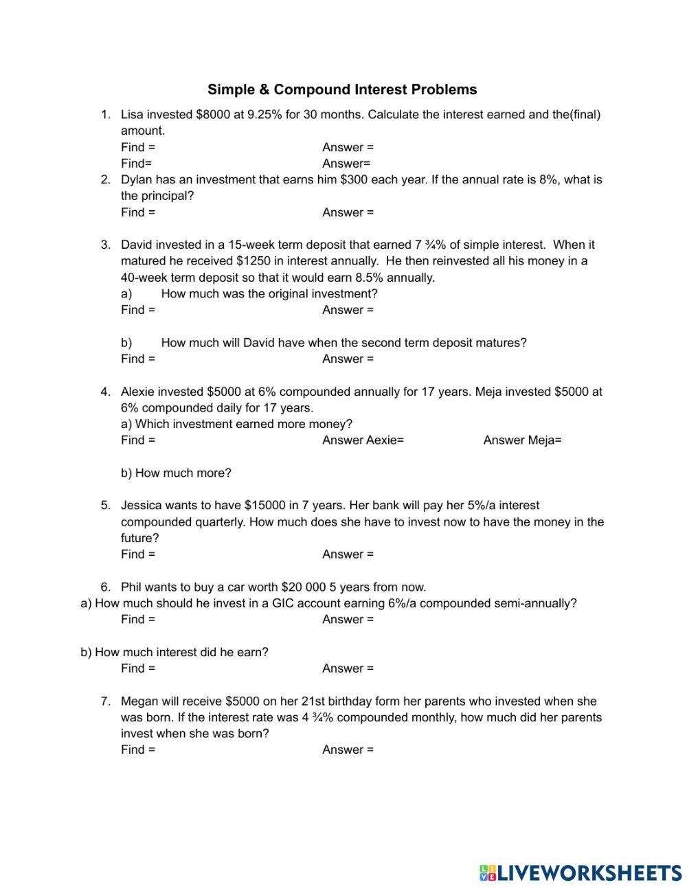 Compound Interest Worksheet With Answer Key pdf 20 Scaffolded 