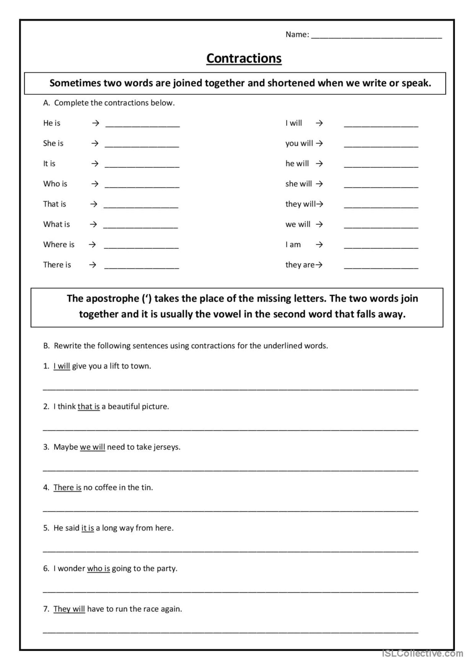 Contractions English ESL Worksheets Pdf Doc