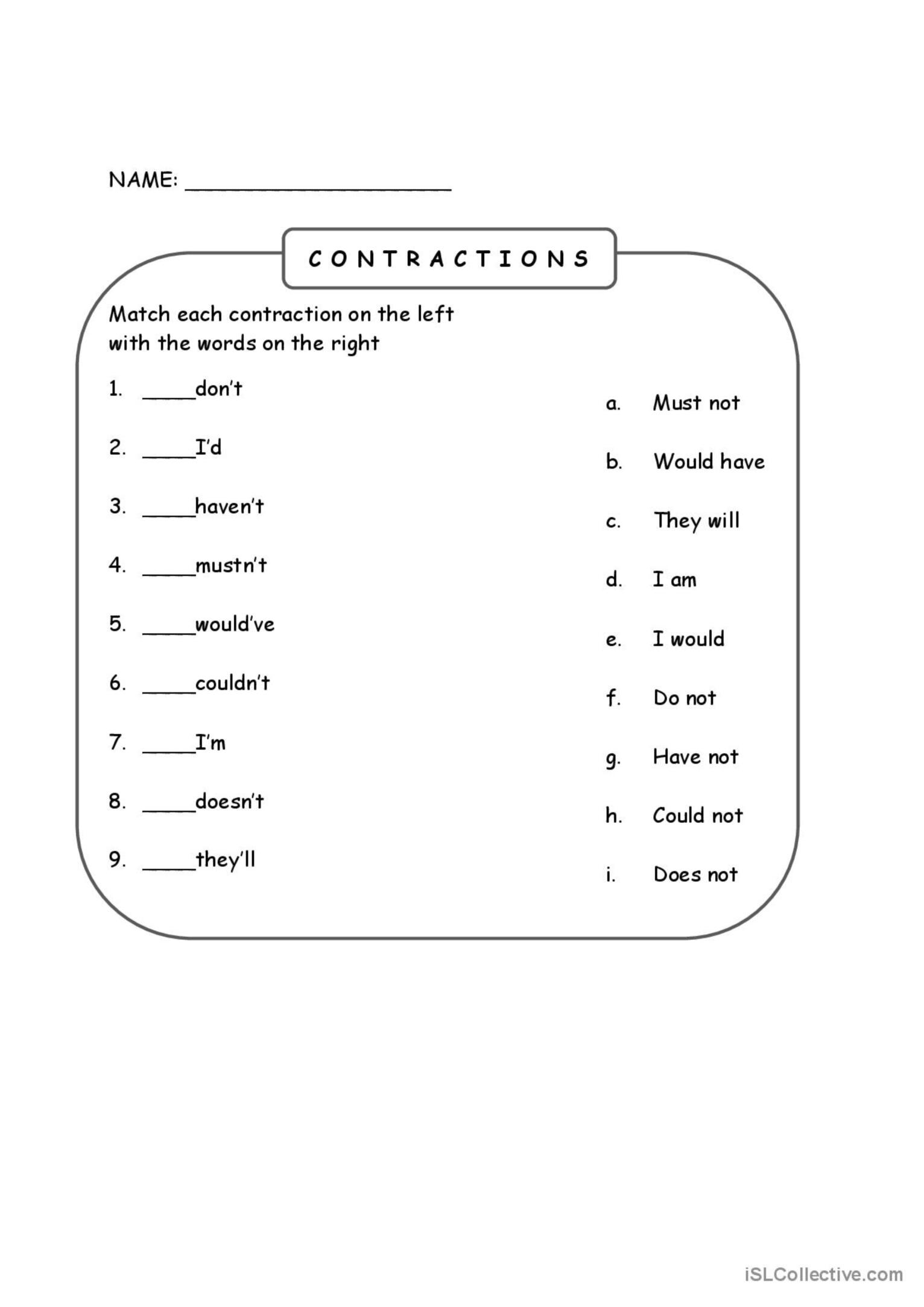 contractions grammar worksheets