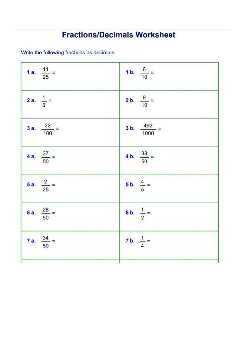 changing fractions to decimals worksheet