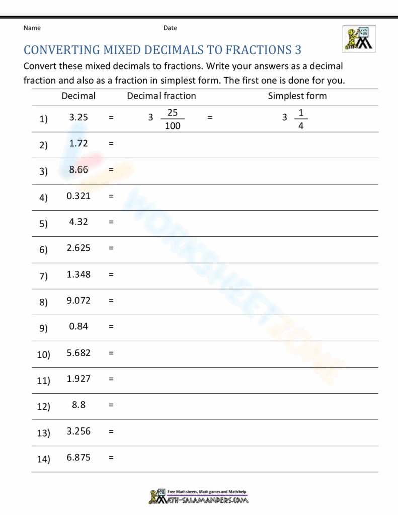 Converting Mixed Decimals To Fractions Worksheet Worksheets Library