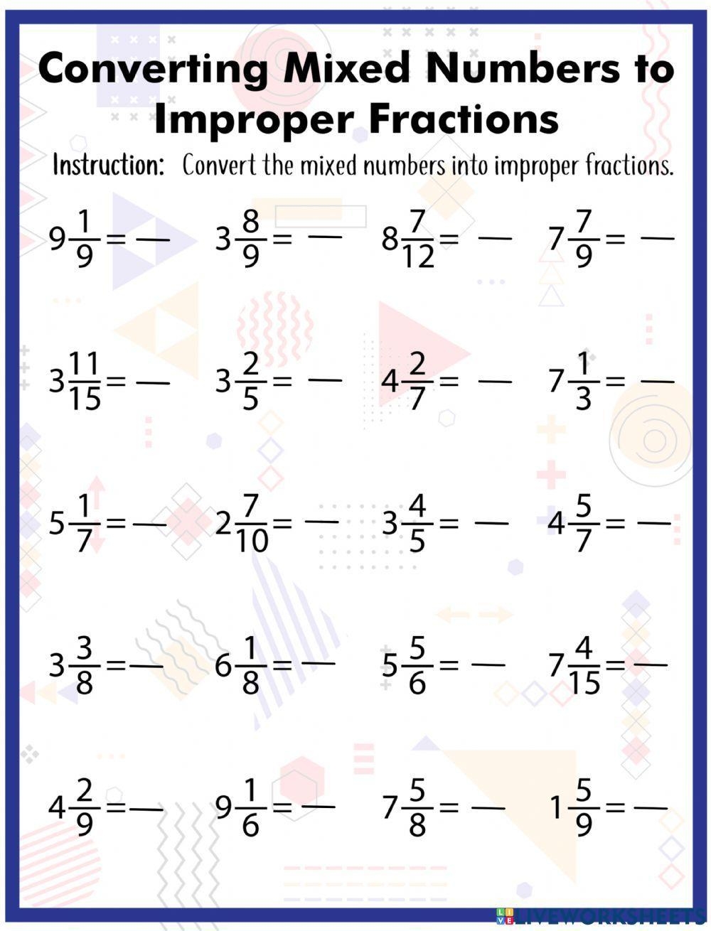 Converting Mixed Number To Improper Interactive Worksheet 