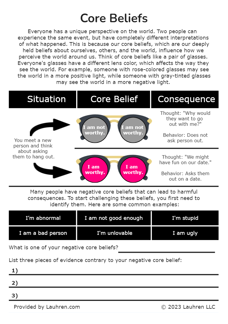 Core Beliefs Worksheet Free Download