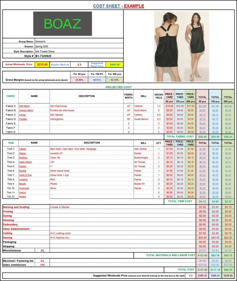 fashion cost sheet example