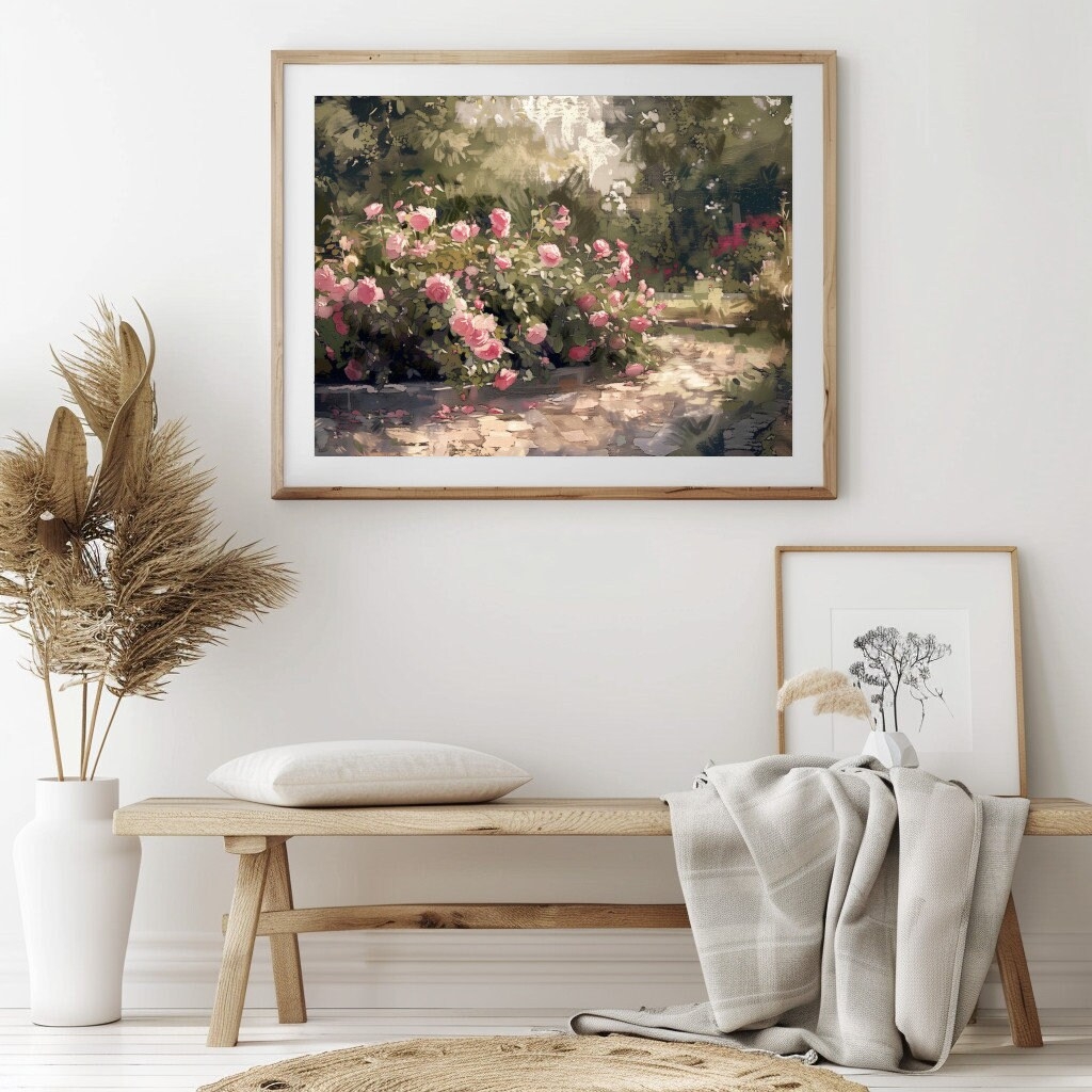 Cottage Rose Garden Painting Print Rose Garden Printable Wall Art 