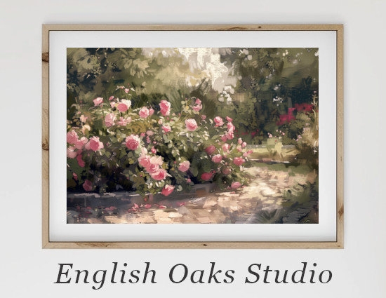 Cottage Rose Garden Painting Print Rose Garden Printable Wall Art
