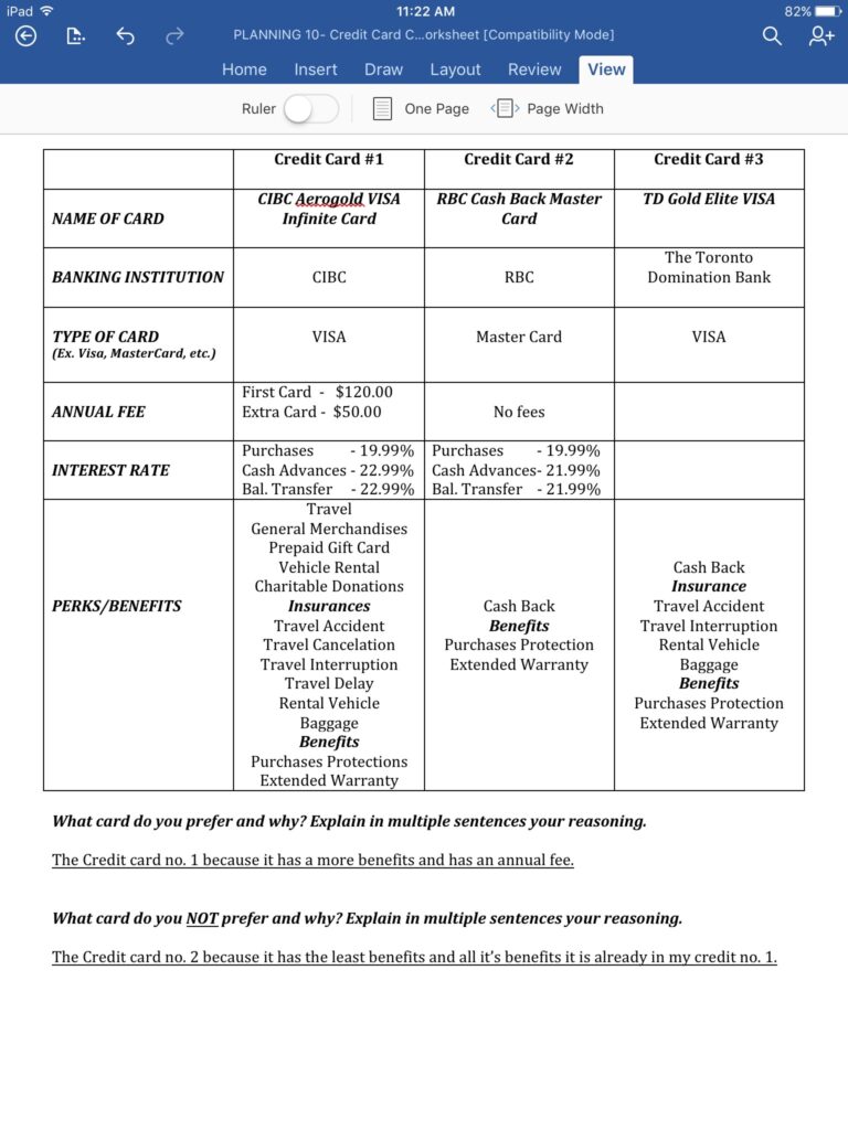 Credit Card Comparison Worksheet Db excel