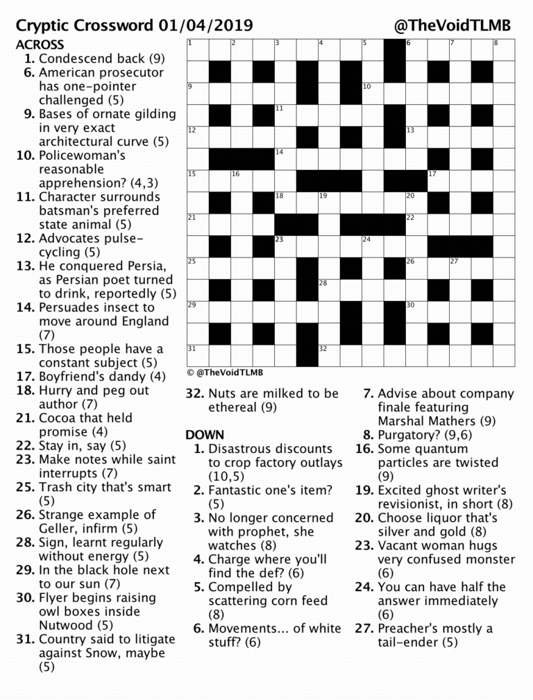 Cryptic Crossword April 2019 TLMB Printable Crossword Puzzles Online