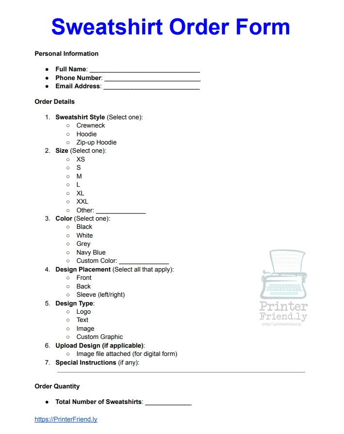 custom hoodoe sweatshirt order form template free printable