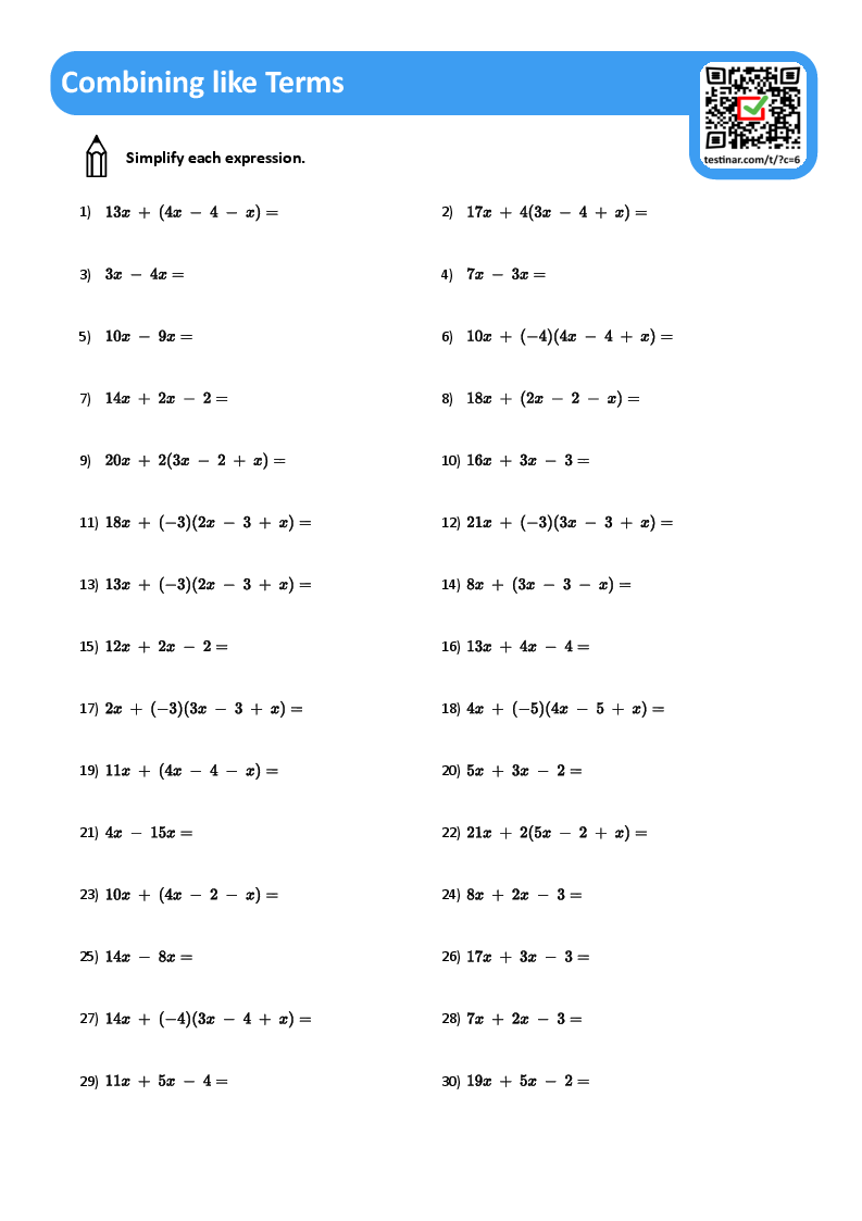 Customize 20 Combining Like Terms Worksheets Templates Online Canva 