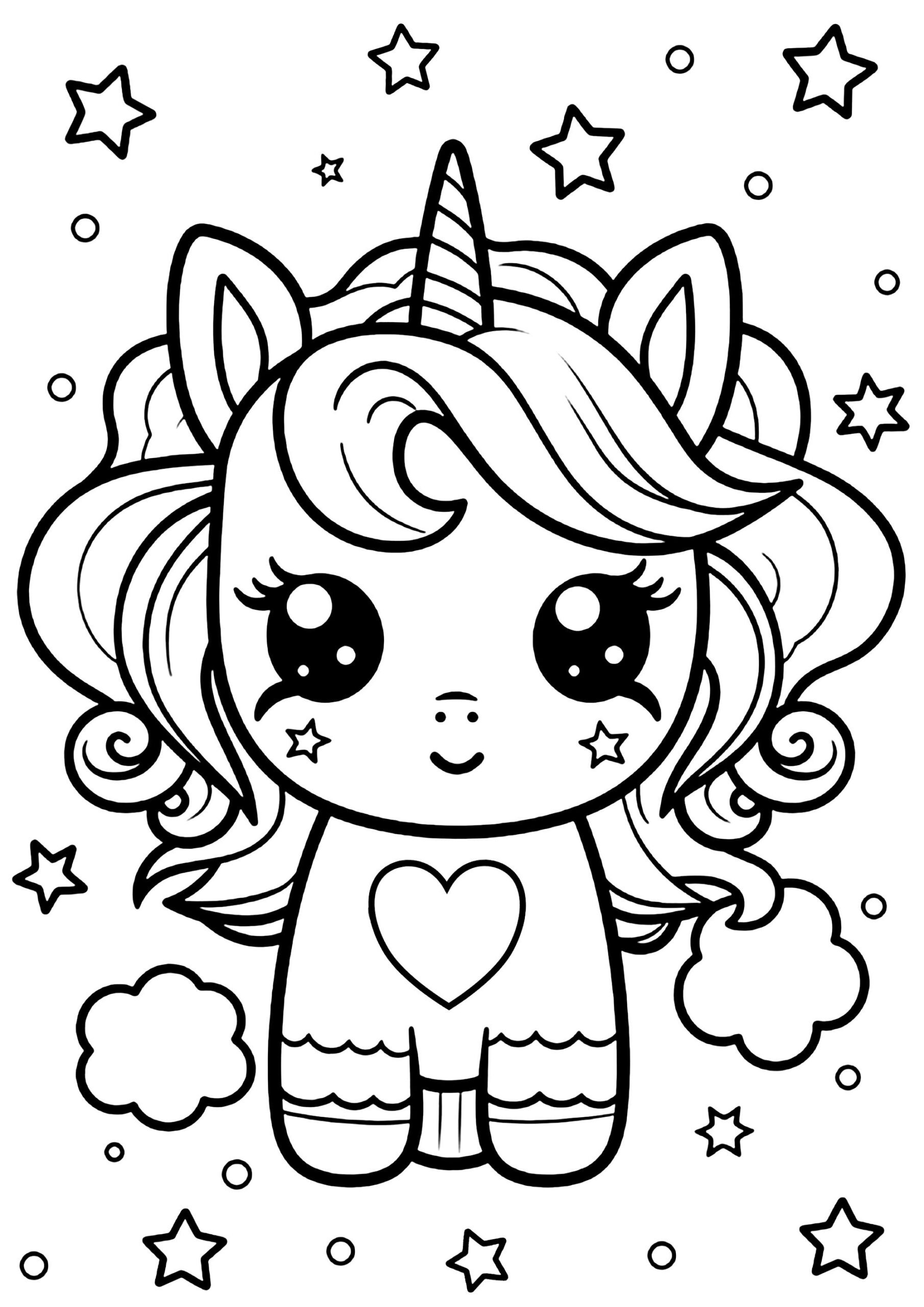 Cute Kawaii Unicorn With Stars Around Her Unicorn Coloring Pages