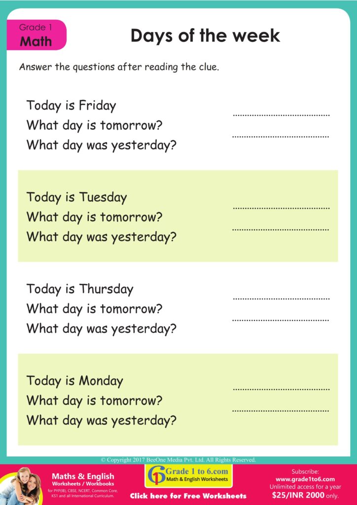 Days Of The Week Worksheet Grade1to6 Worksheets Library