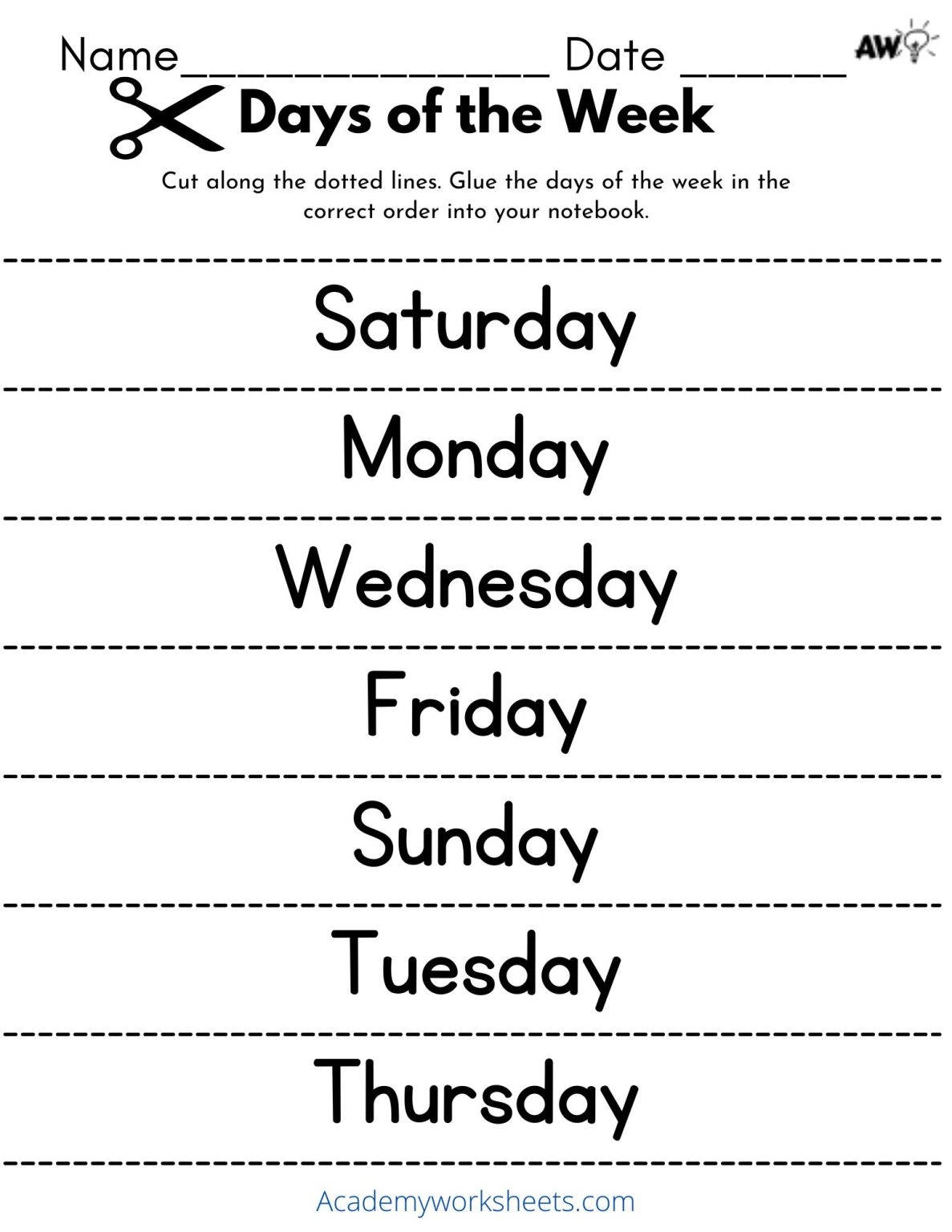 days of the week worksheets
