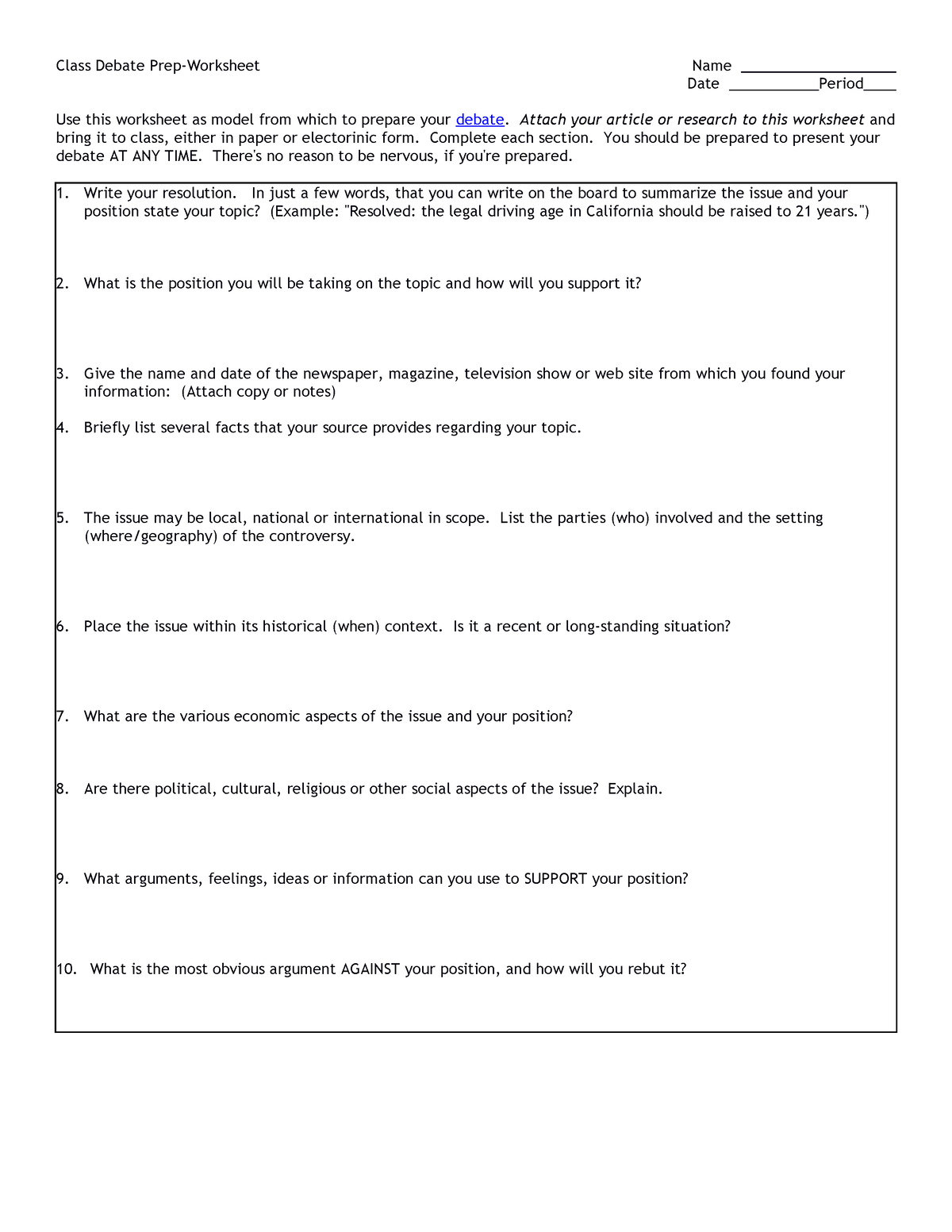 Debate Preparation Worksheet Structured Strategies For Success