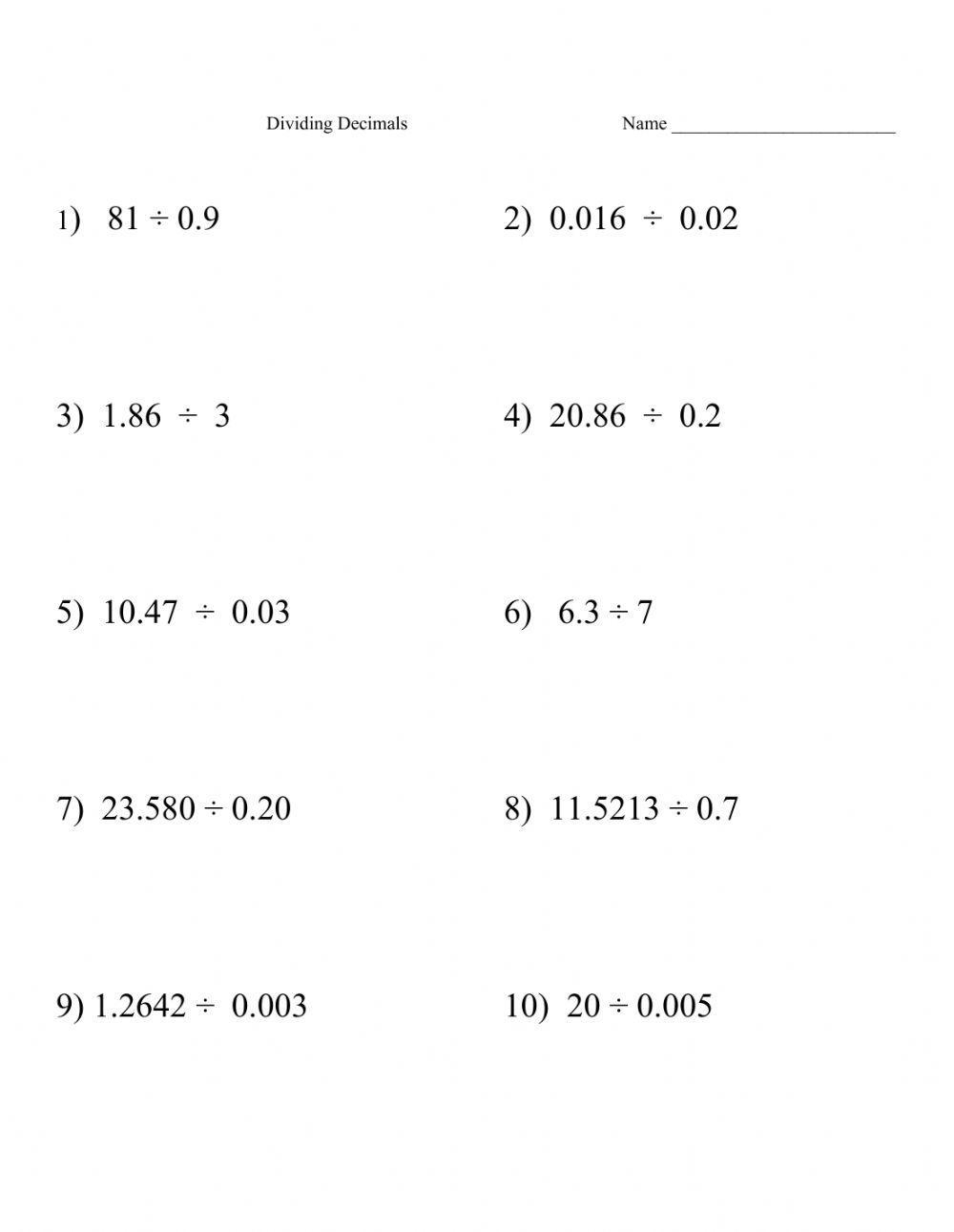 Decimal Dividing Decimals By Decimals Worksheet Live Worksheets 