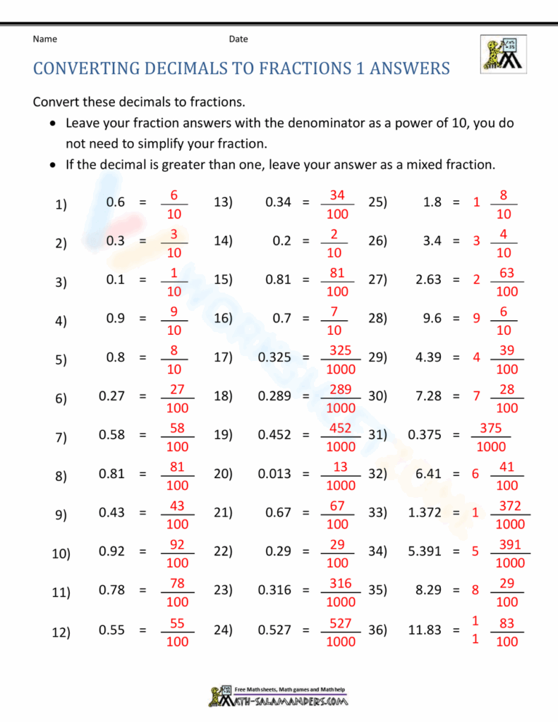 Decimal Fraction Worksheet Collection For Teaching Learning