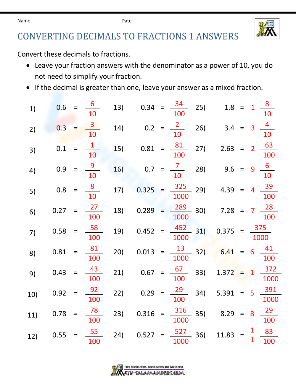 Decimal Fraction Worksheet Collection For Teaching Learning 