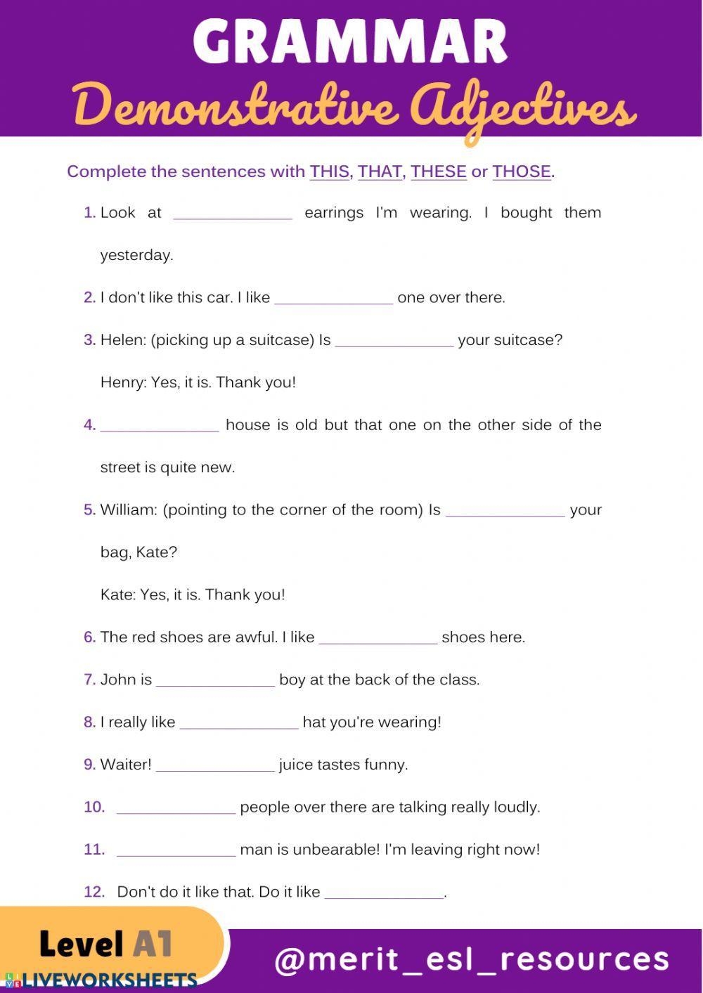 Demonstrative Adjectives Worksheet Live Worksheets Worksheets Library