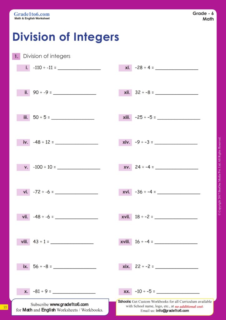 Dividing Integers Worksheets Grade1to6 Worksheets Library