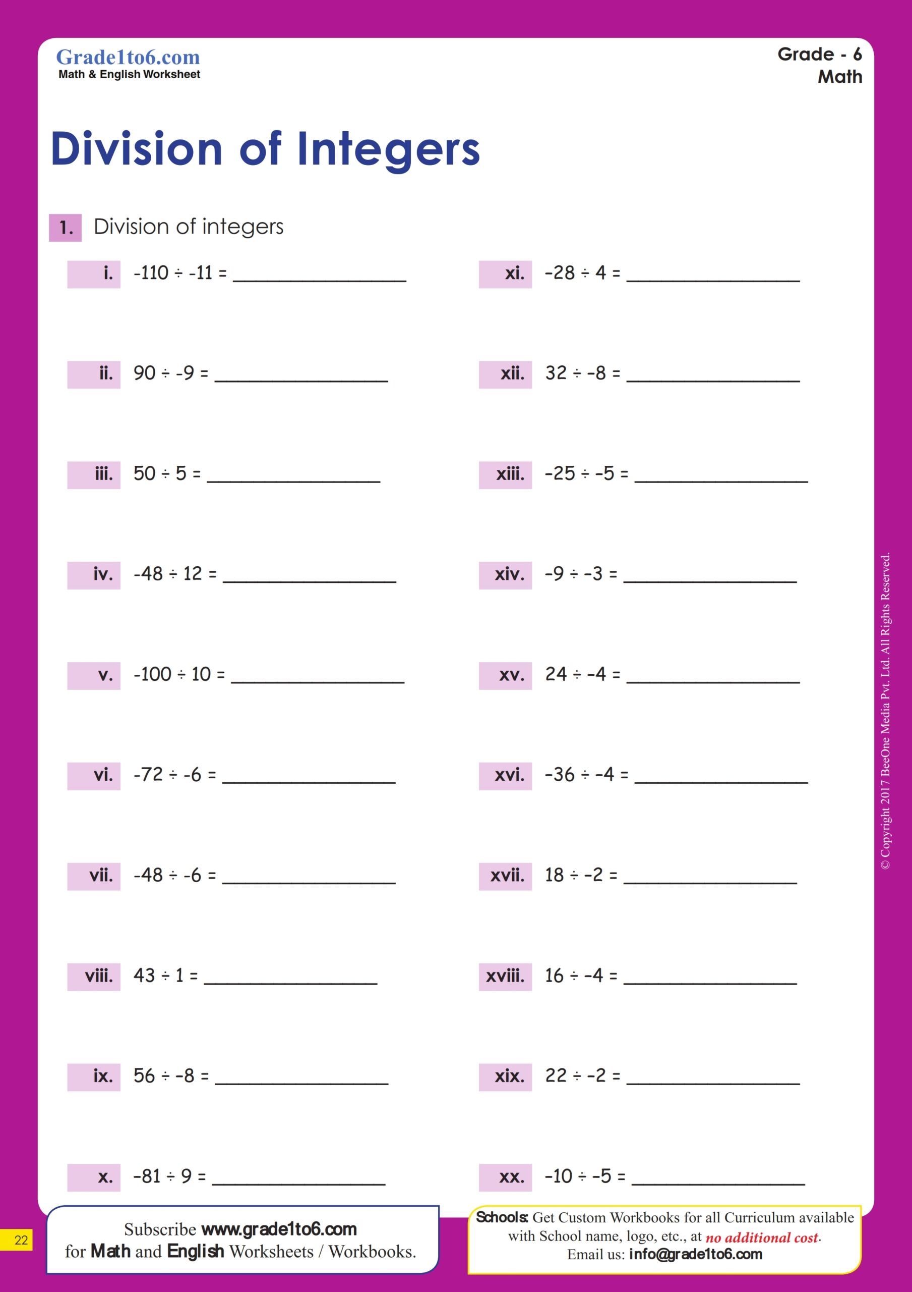 Dividing Integers Worksheets Grade1to6 Worksheets Library
