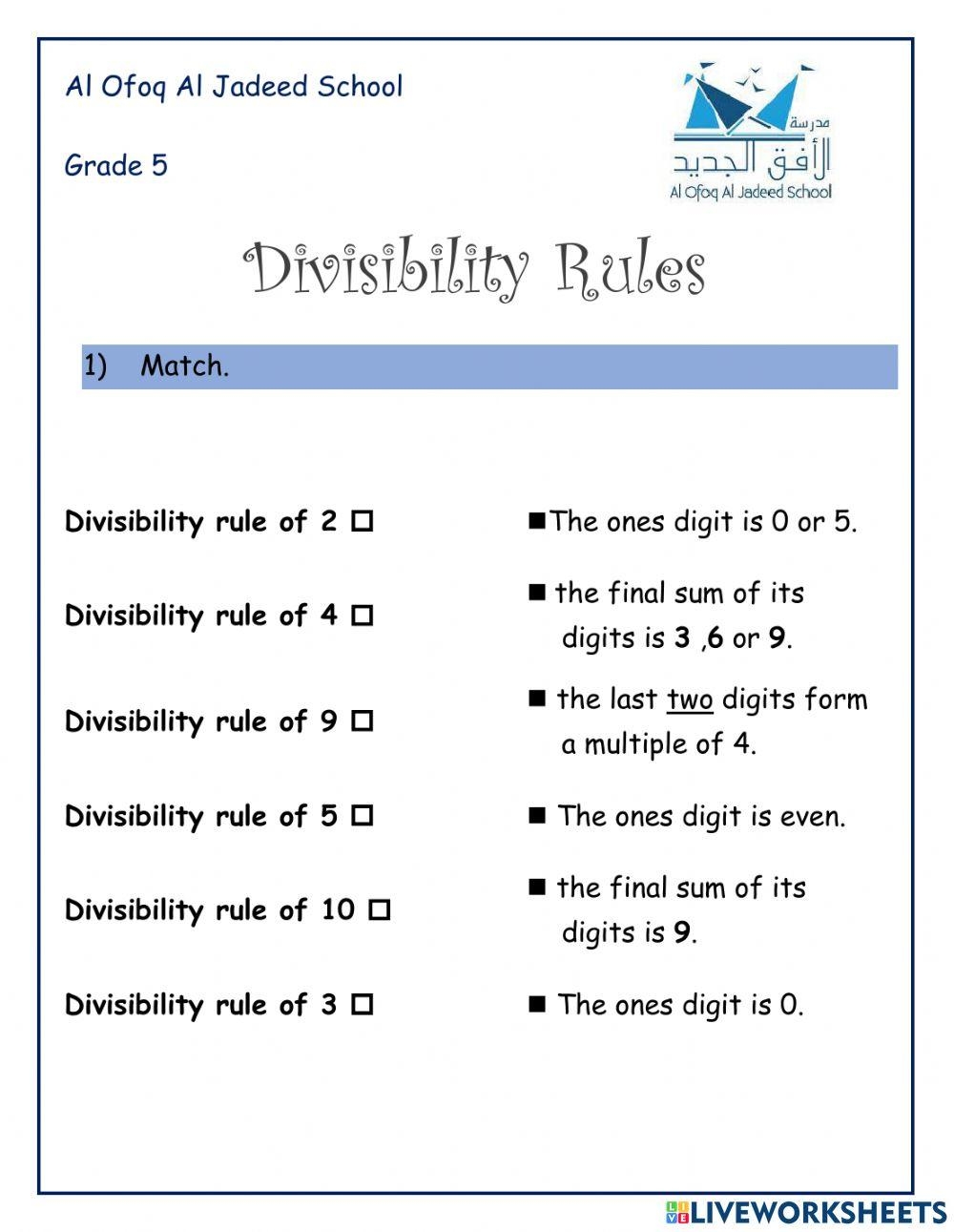 Divisibility Rules Amani Shams Live Worksheets Worksheets Library