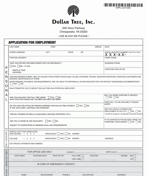 Dollar Tree Printable Application Form Printable Forms Free Online