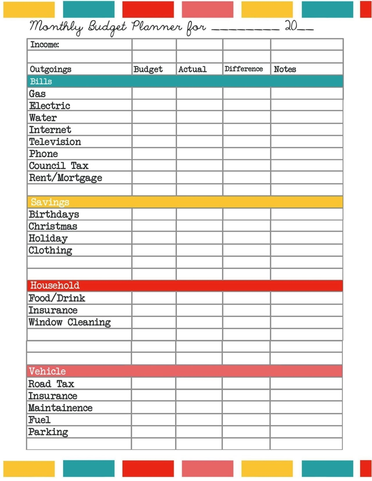 free budget template printable