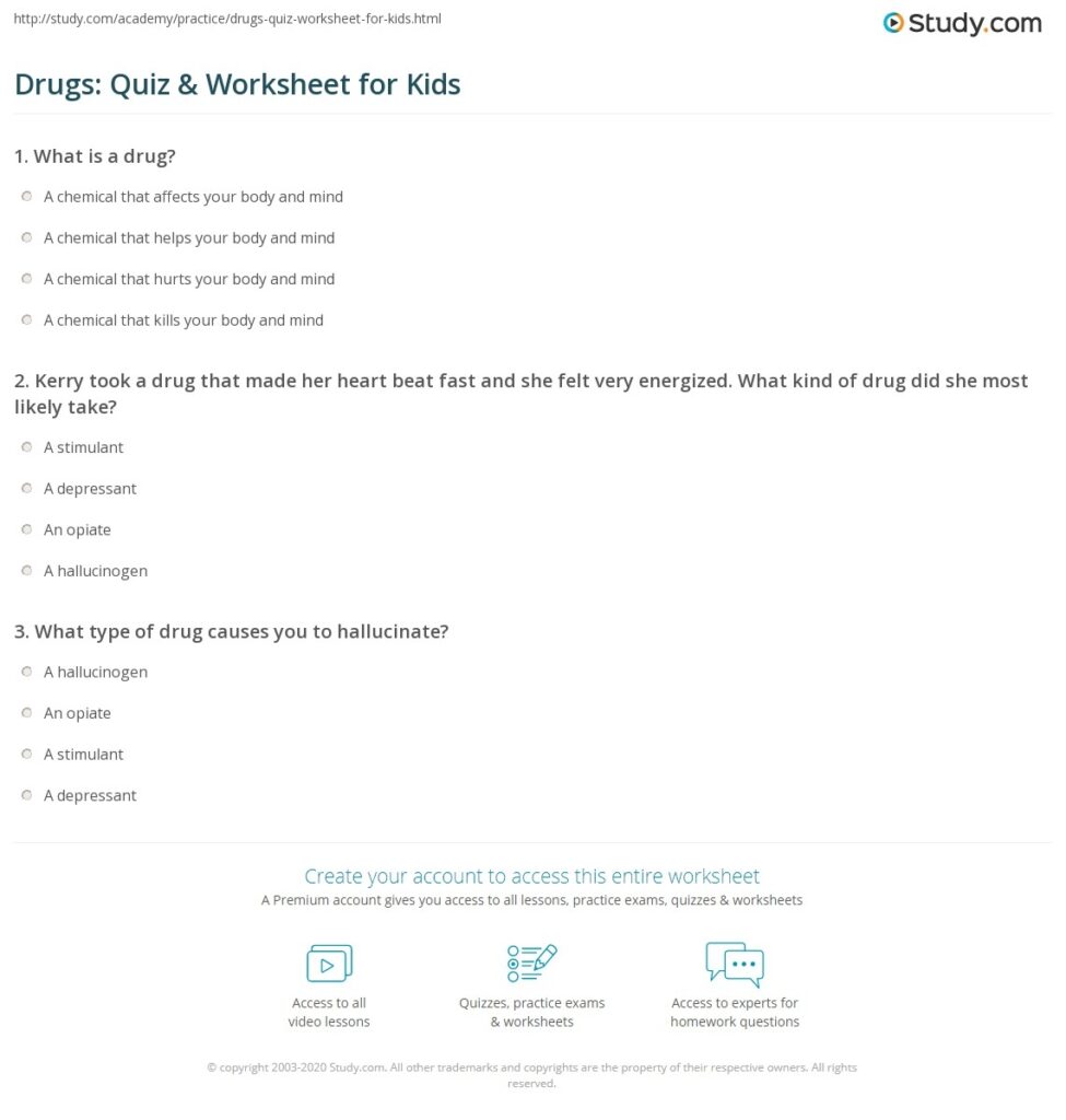 Drugs Quiz Worksheet For Kids Study