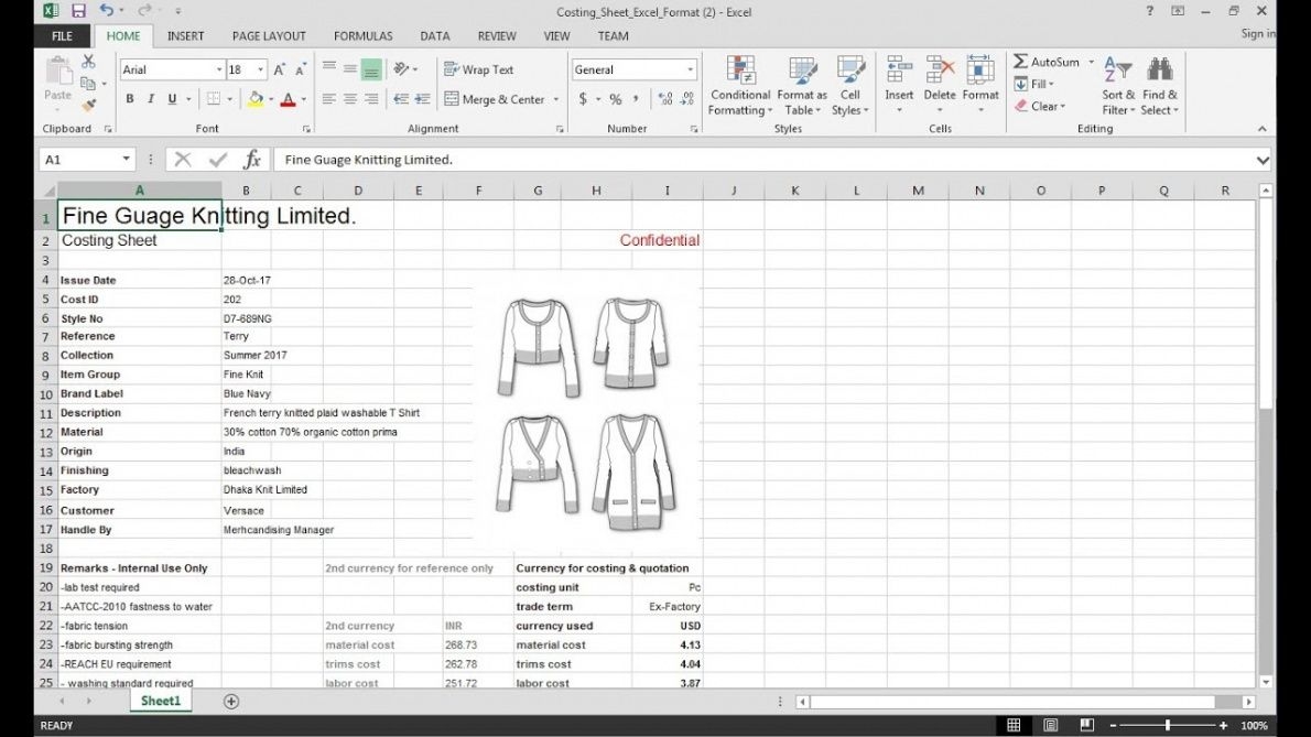 Editable Cost Sheet Garment Fashion Cost Sheet Template Example 